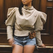 Lovely Casual Turtleneck Beige Blouse