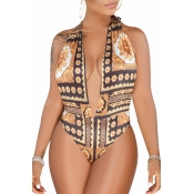 Lovely Deep V Neck Brown One-piece Swimsuit
