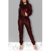 Lovely Leisure Hooded Collar Crop Top Wine Red PU 