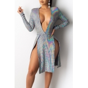 Lovely Party Deep V Neck Silver Knee Length Dress