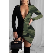 Lovely Chic V Neck Camo Army Green Mini Dress