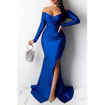 

LW Party V Neck Side Slit Blue Trailing Prom Dress