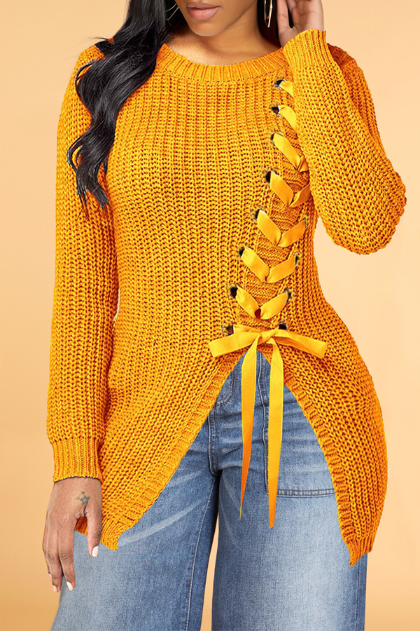 

Lovely Trendy Bandage Design Yellow Sweater