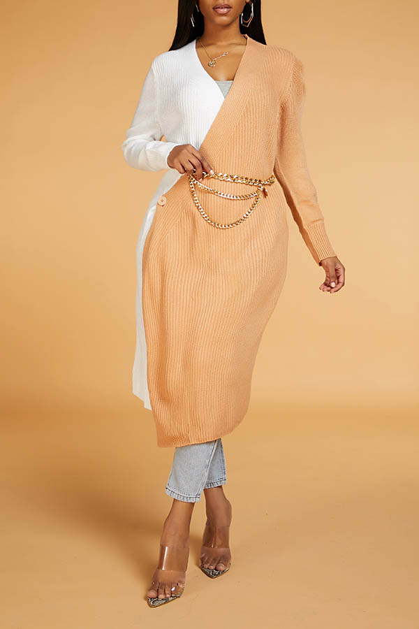 

Lovely Leisure Patchwork Khaki Cardigan(Without Belt