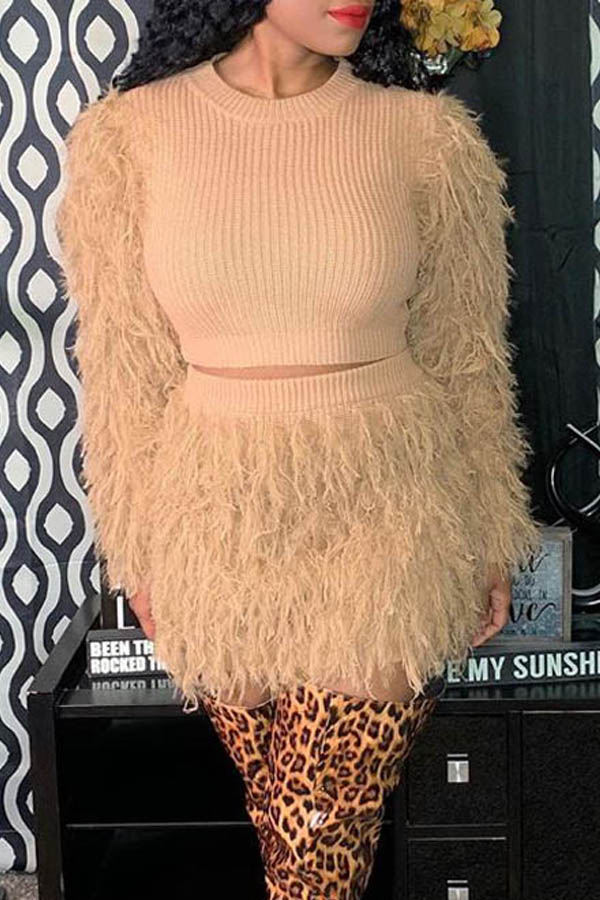Lovely Casual Tassel Design Khaki Two-piece Skirt Set