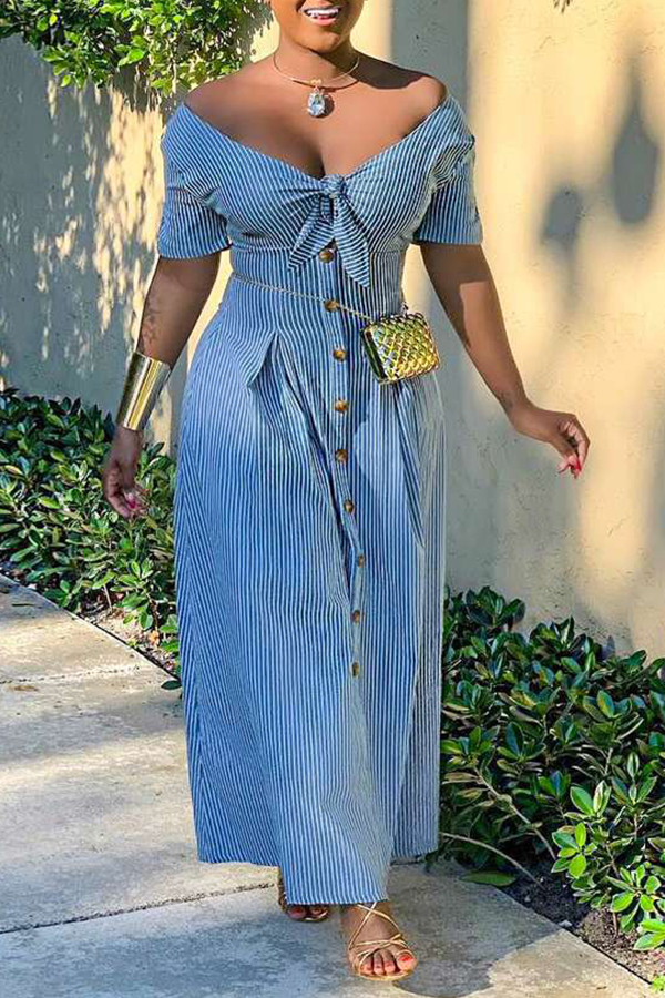 

Lovely Stylish Striped Blue Ankle Length Dress