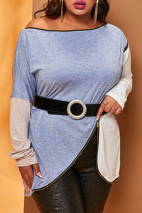 

Lovely Casual Patchwork Blue T-shirt(Without Belt