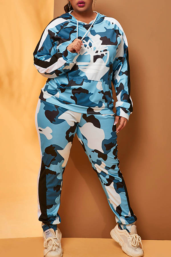 

Lovely Casual Hooded Collar Camo Blue Plus Size Two-piece Pants Set