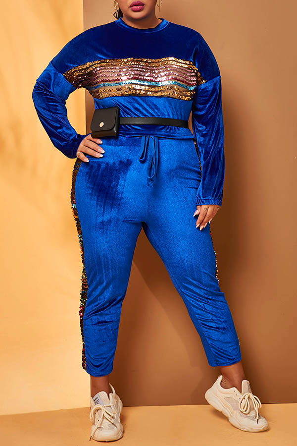 

Lovely Casual Patchwork Blue Plus Size Two-piece Pants Set