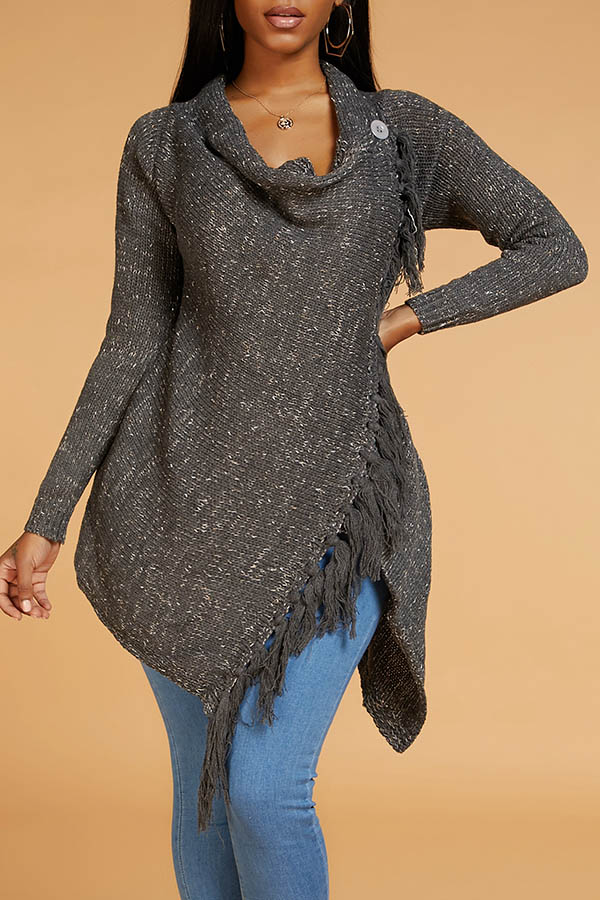Lovely Chic Asymmetrical Tassel Design Dark Grey Sweater