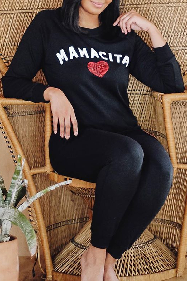 Lovely Casual Letter Black Two-piece Pants Set