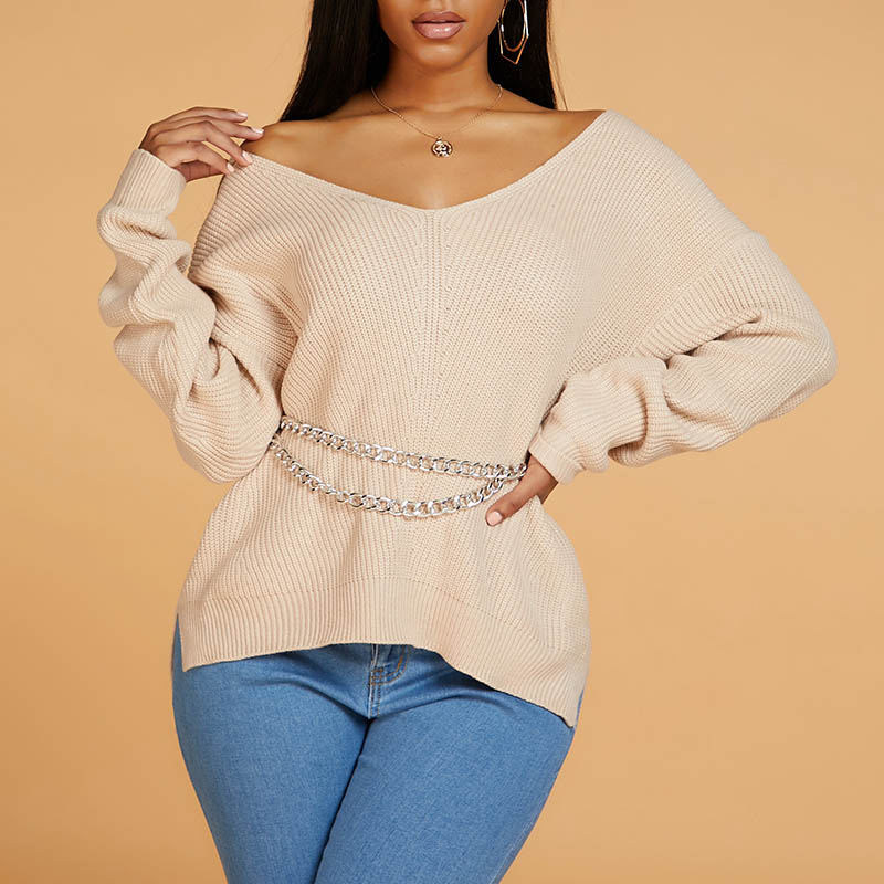 Lovely Leisure V Neck Side Slit Apricot Sweater