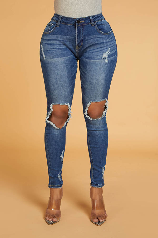 Lovely Trendy Hollow-out Blue Jeans