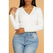 Lovely Casual V Neck Button White Cardigan