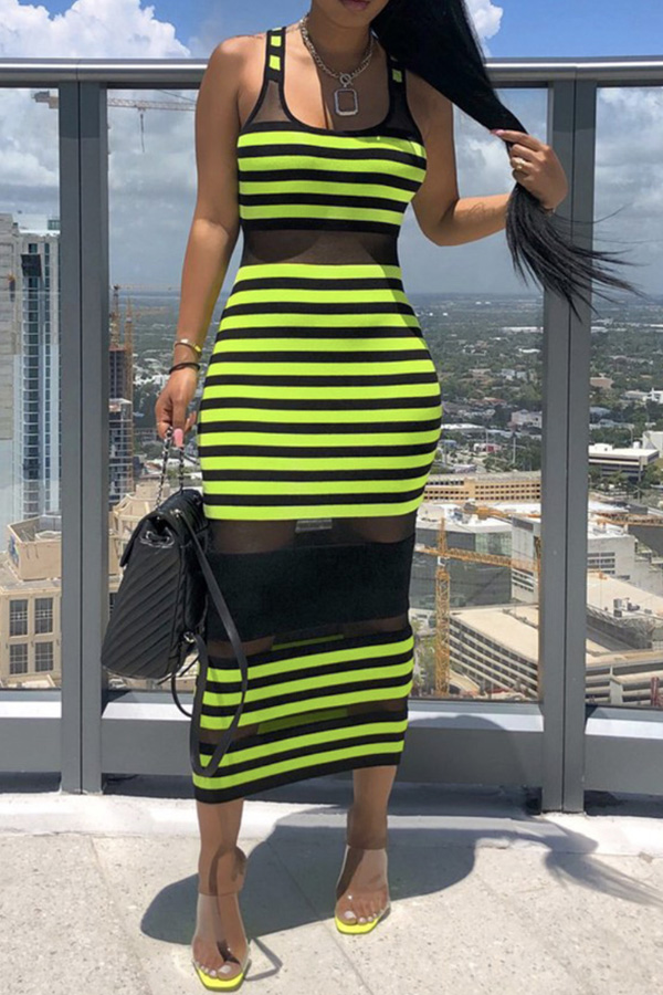 

Lovely Sexy Striped Patchwork Green Ankle Length Dress