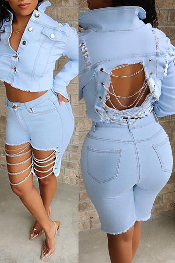 

Lovely Trendy Hollow-out Baby Blue Shorts
