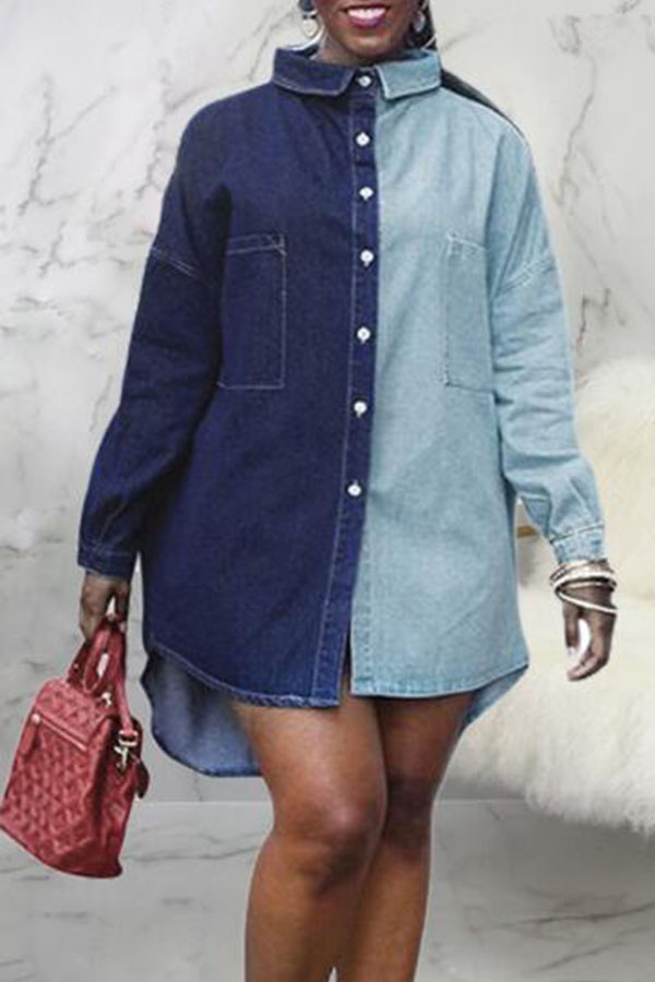 

Lovely Casual Color-lump Patchwork Blue Coat