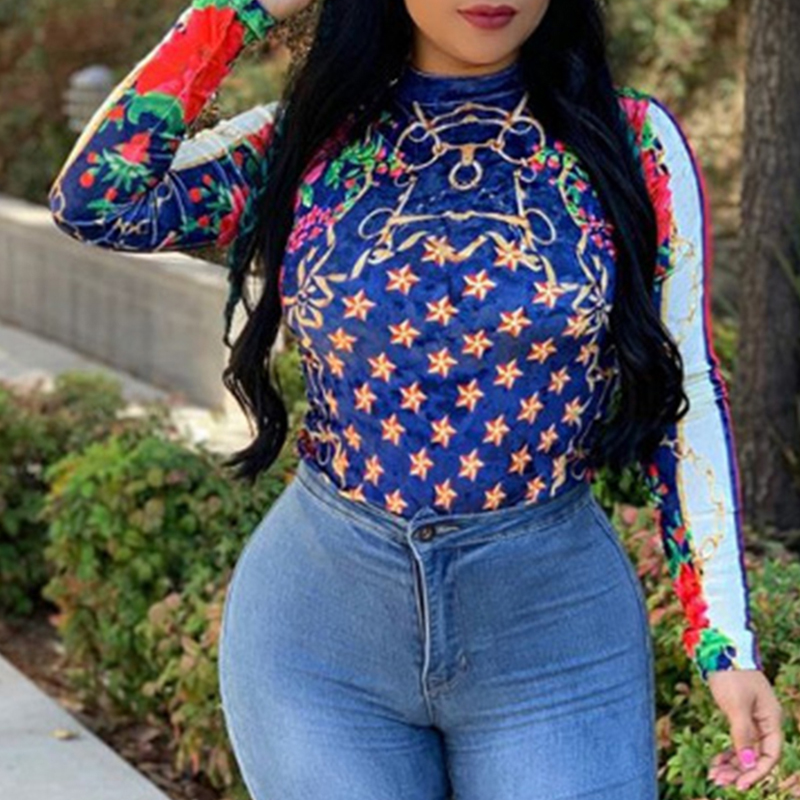 

Lovely Casual Mandarin Collar Print Blue T-shirt
