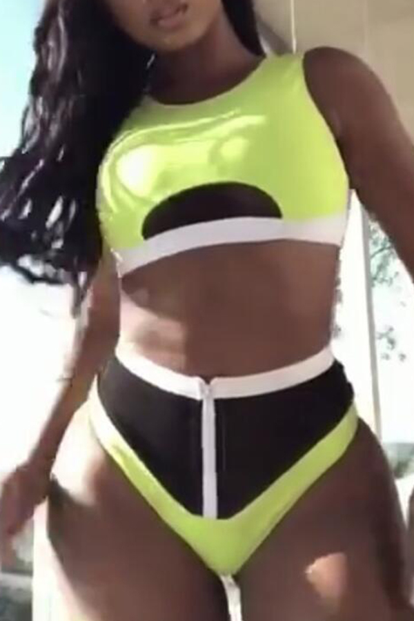 

Lovely Sportswear Patchwork Yellow Two-piece Swimwear
