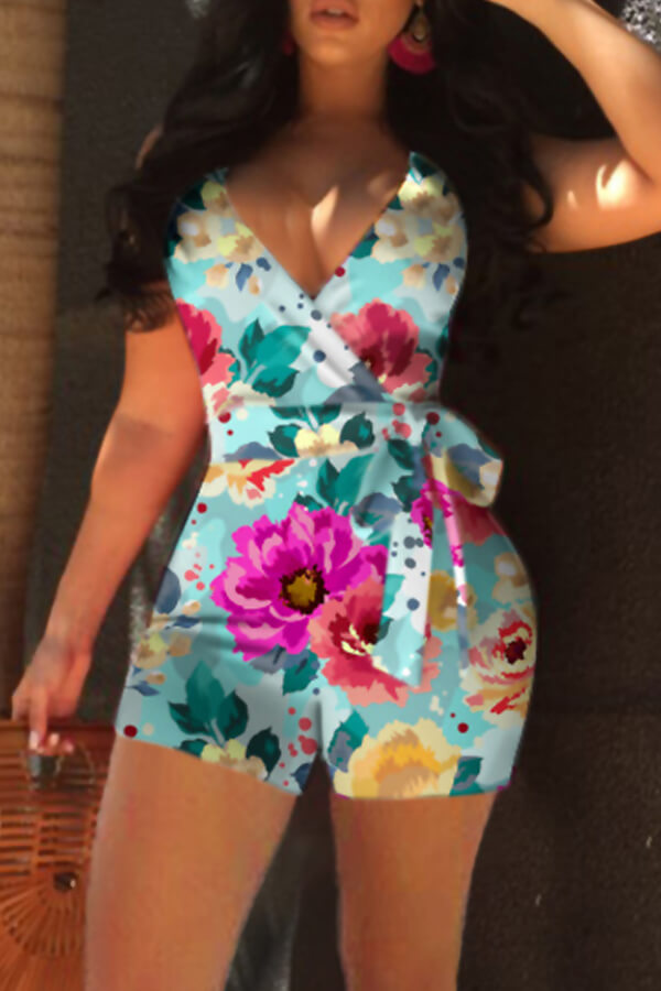 

Lovely Leisure Floral Print Cyan One-piece Romper