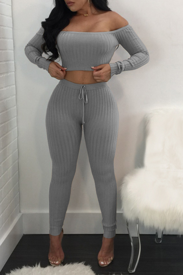 

Lovely Casual Dew Shoulder Grey Two-piece Pants Set