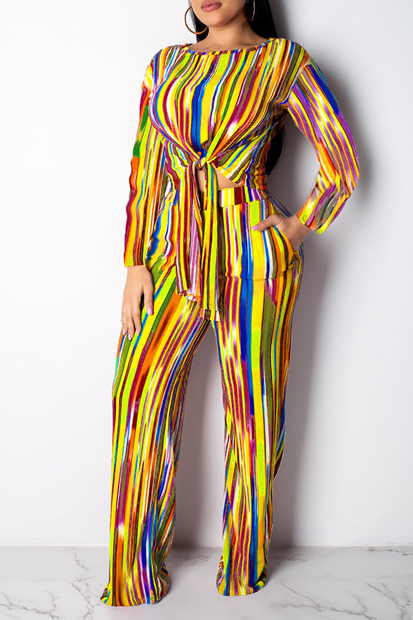 

Lovely Casual Striped Yellow Two-piece Pants Set