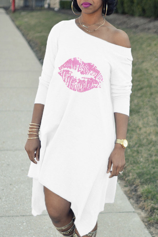 

Lovely Chic Lip Print White Knee Length Dress