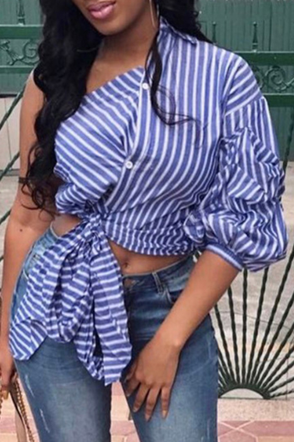 

Lovely Casual One-shoulder Striped Blue Blouse