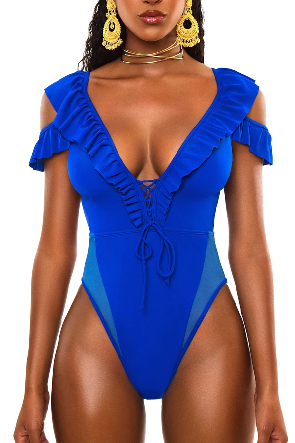 

Lovely Flounce Design Blue One-piece Swimwear