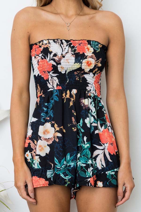 

Lovely Bohemian Dew Shoulder Print Black One-piece Romper