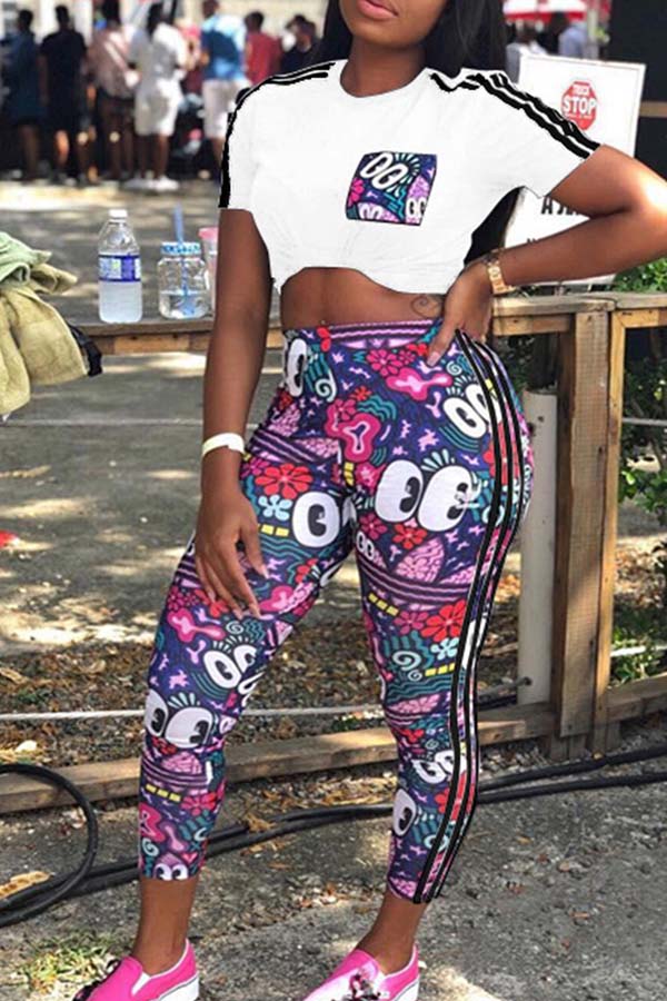 

Lovely Chic Crop Top Print White Two-piece Pants Set