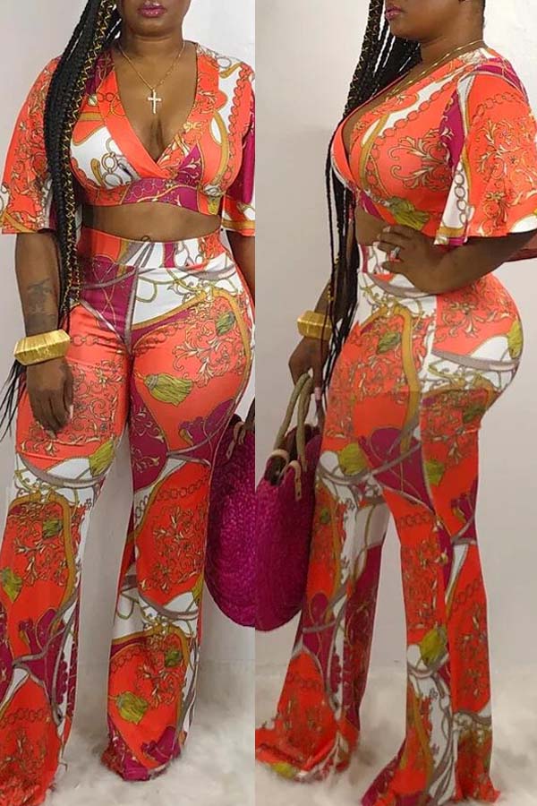 

Lovely Trendy Crop Top Print Red Two-piece Pants Set