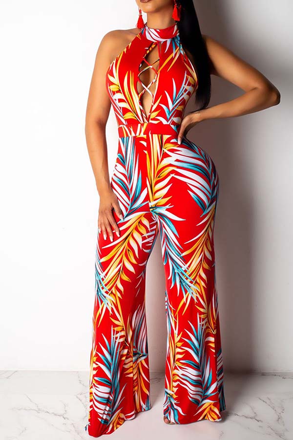 Lovely Work Print Basic Red One-piece Jumpsuit_Jumpsuit_Jumpsuits ...
