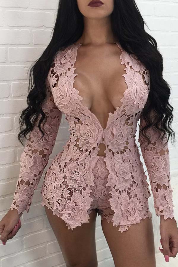 

Lovely Sweet Hollow-out Pink Two-piece Shorts Set