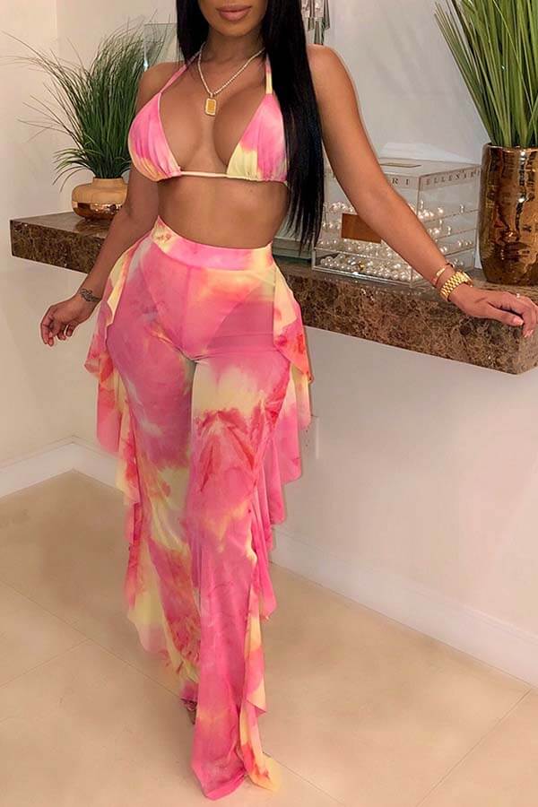 

LW Casual Flounce Print Pink Two-piece Pants Set