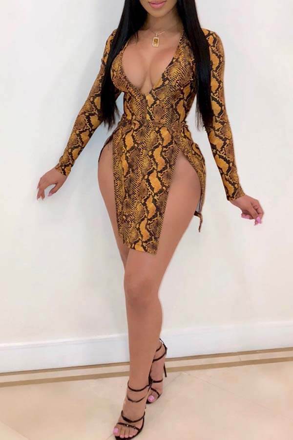 

Lovely Sexy Print Gold Mini Dress