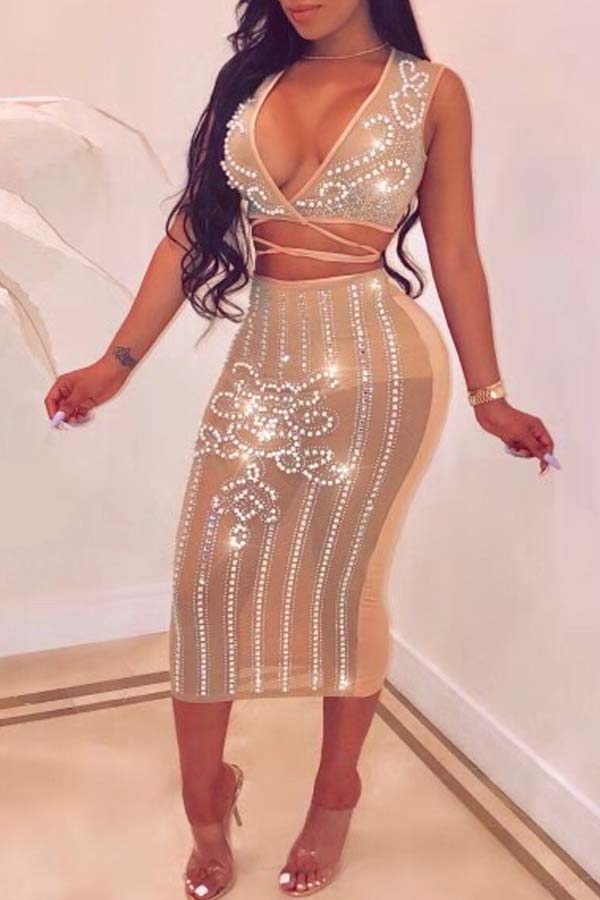 

Lovely Chic See-through Apricot Two-piece Skirt Set
