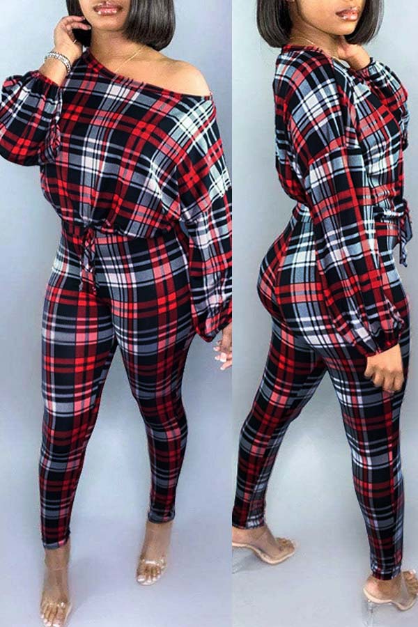 

Lovely Casual Plaid Print Red Two-piece Pants Set