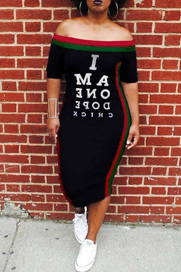 

Lovely Casual Letter Black Mid Calf Dress