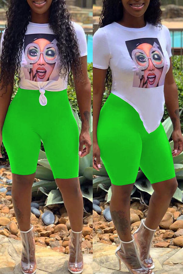 

Lovely Casual Print Green Two-piece Shorts Set