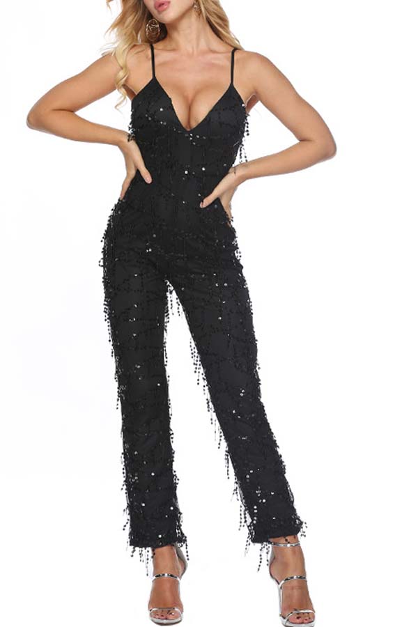 

Lovely Sexy Tassel Design Black One-piece Jumpsuit