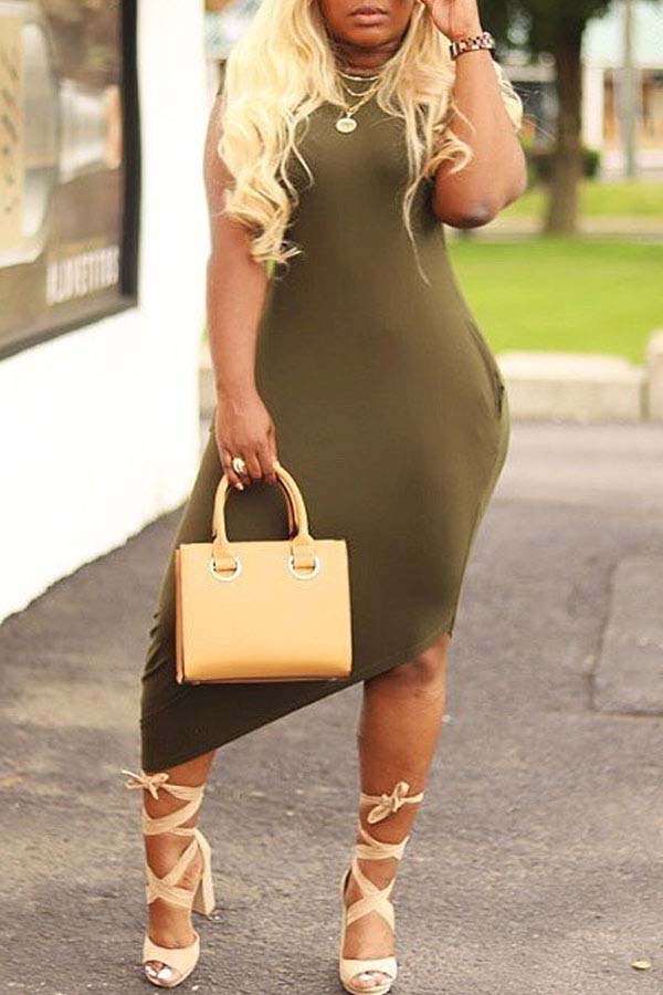 

Lovely Casual Asymmetrical Army Green Mid Calf Dress