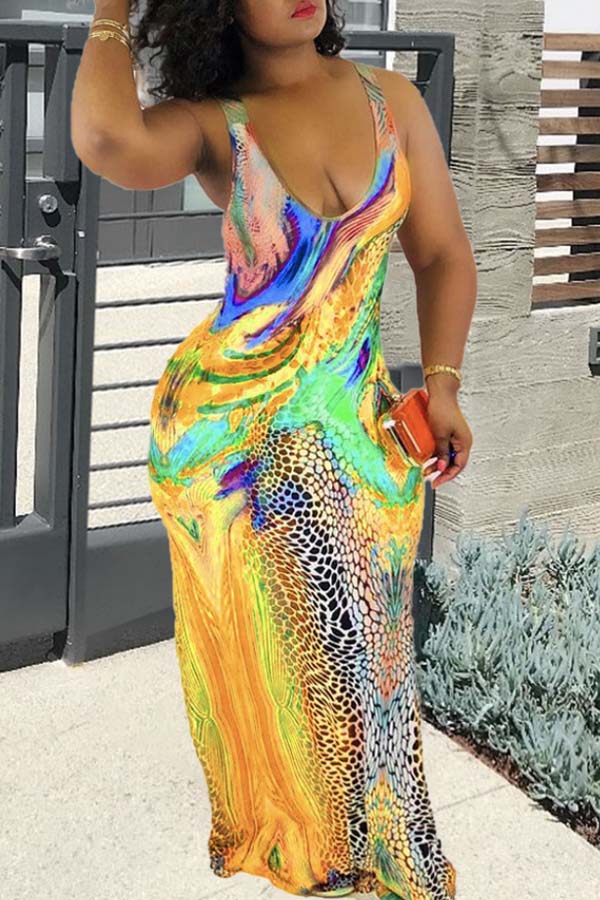 

Lovely Chic Sleeveless Print Yellow Maxi Dress