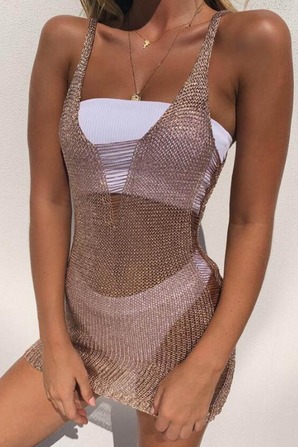 

Lovely Hollow-out Gold Beach Dress