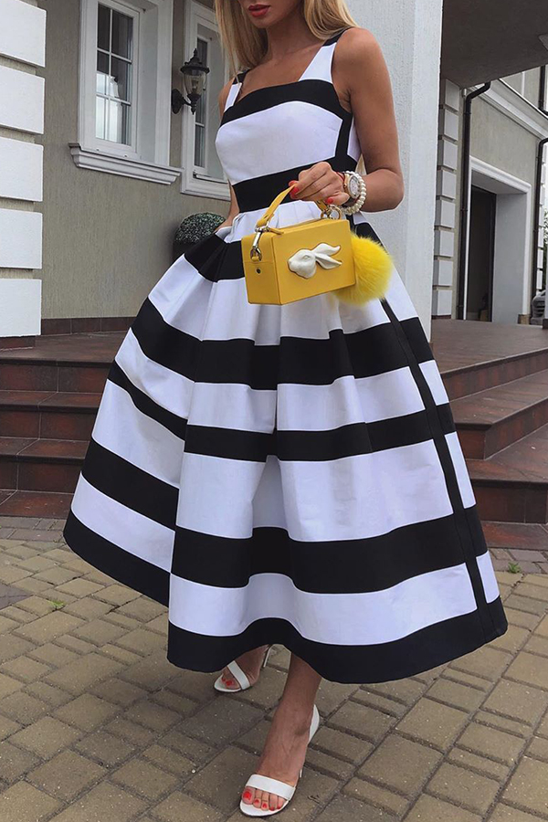 

Lovely Casual Striped Print Black Mid Calf Dress, Black stripe