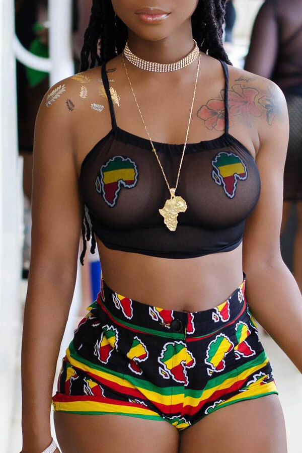 

Lovely Sexy Print Black Two-piece Shorts Set