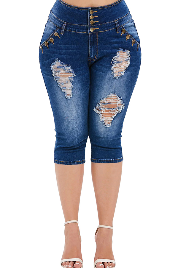 

Lovely Casual Buttons Design Blue Plus Size Jeans