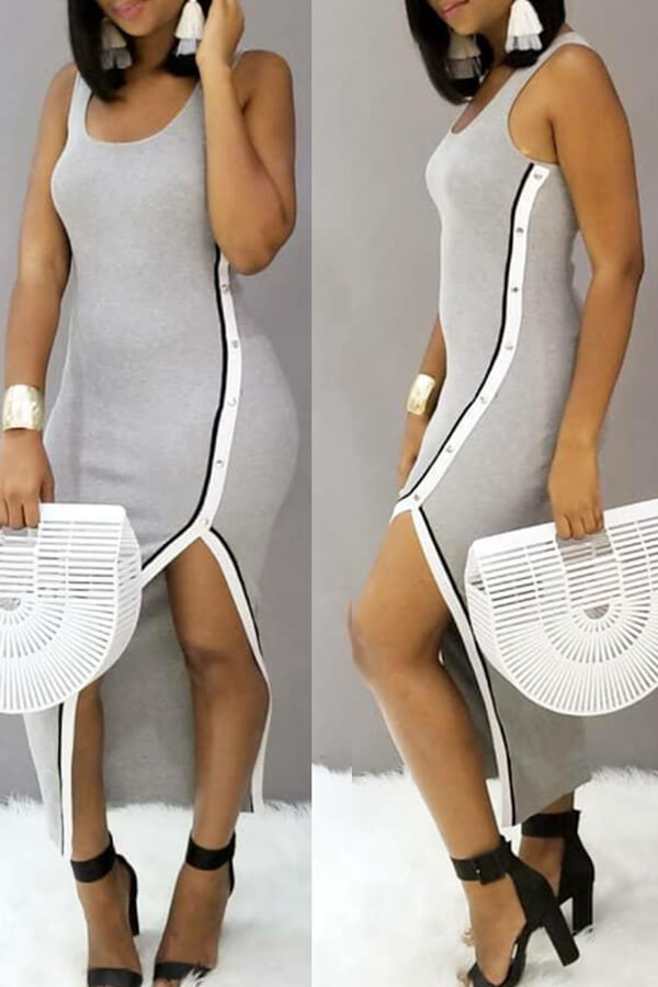 

Lovely Casual U Neck Patchwork Light Grey Ankle Length Dress