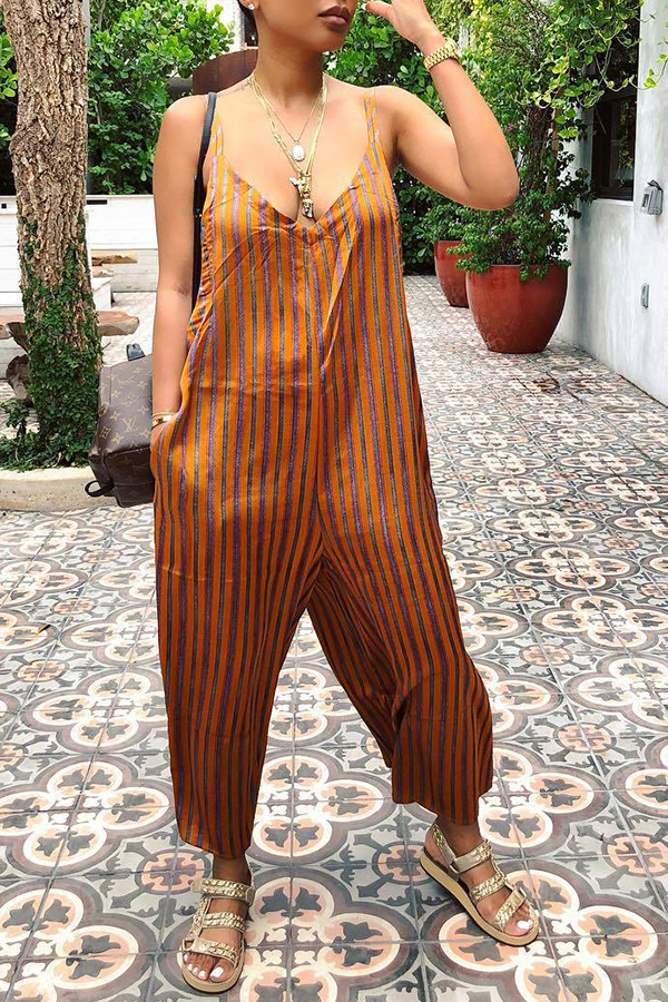 

Lovely Sexy Striped Brown Jumpsuit