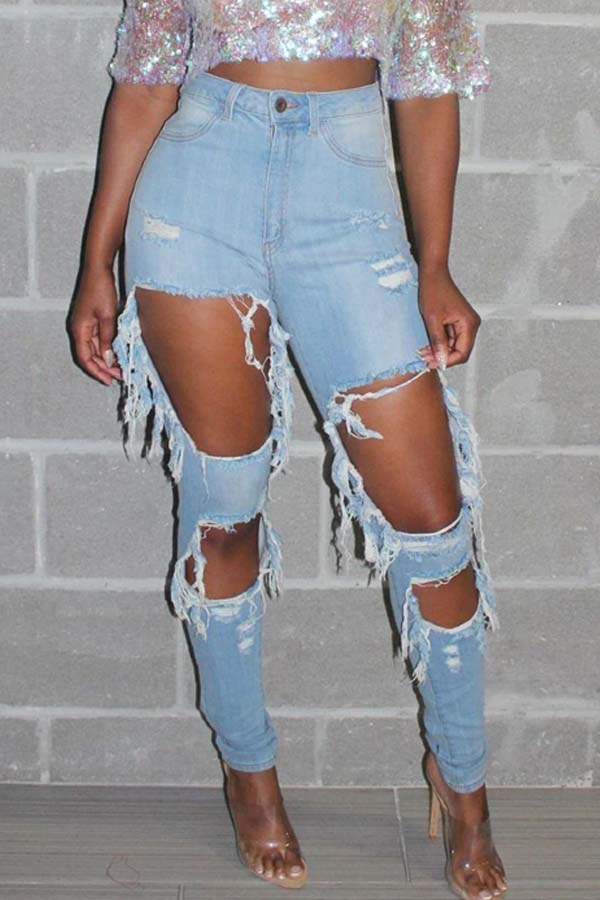 

Lovely Trendy Hollow-out Baby Blue Jeans